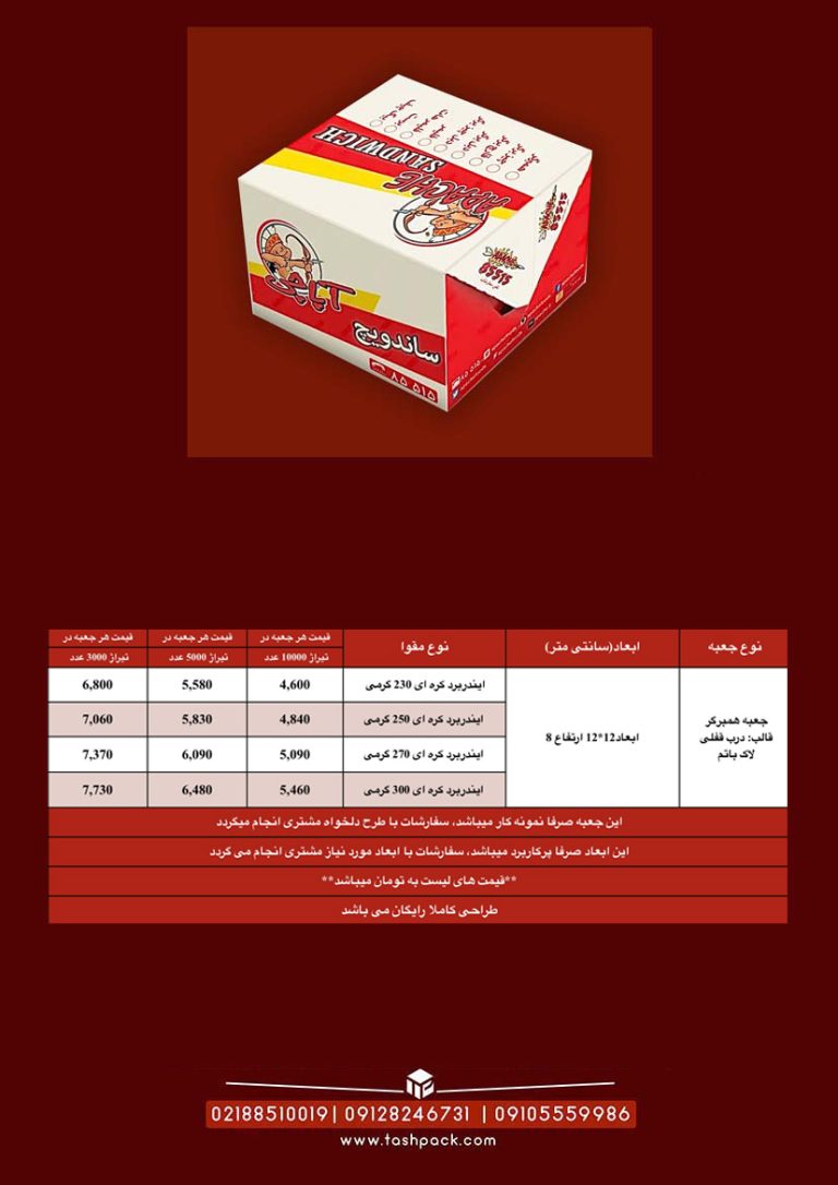 لیست قیمت جعبه برگر